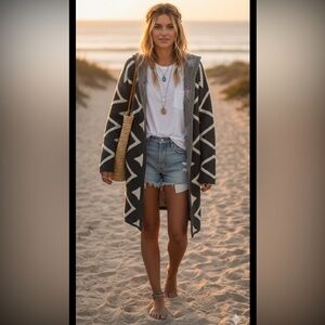RD Style Long Cardigan Hooded Gray White Beachy Boho Coastal Preppy M Chic
